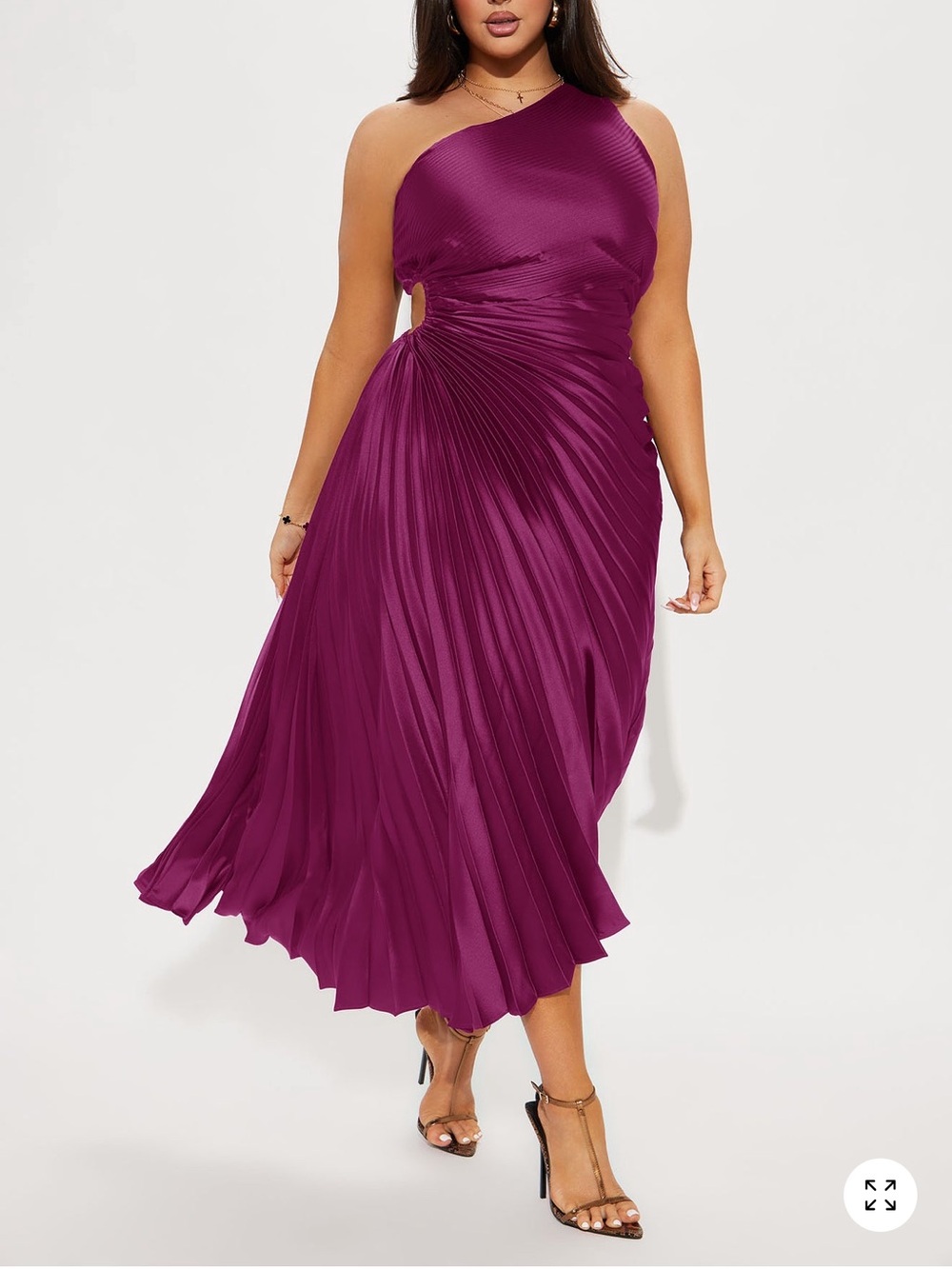 Fashion Nova One-Shoulder Pleated Midi Dress in Plum